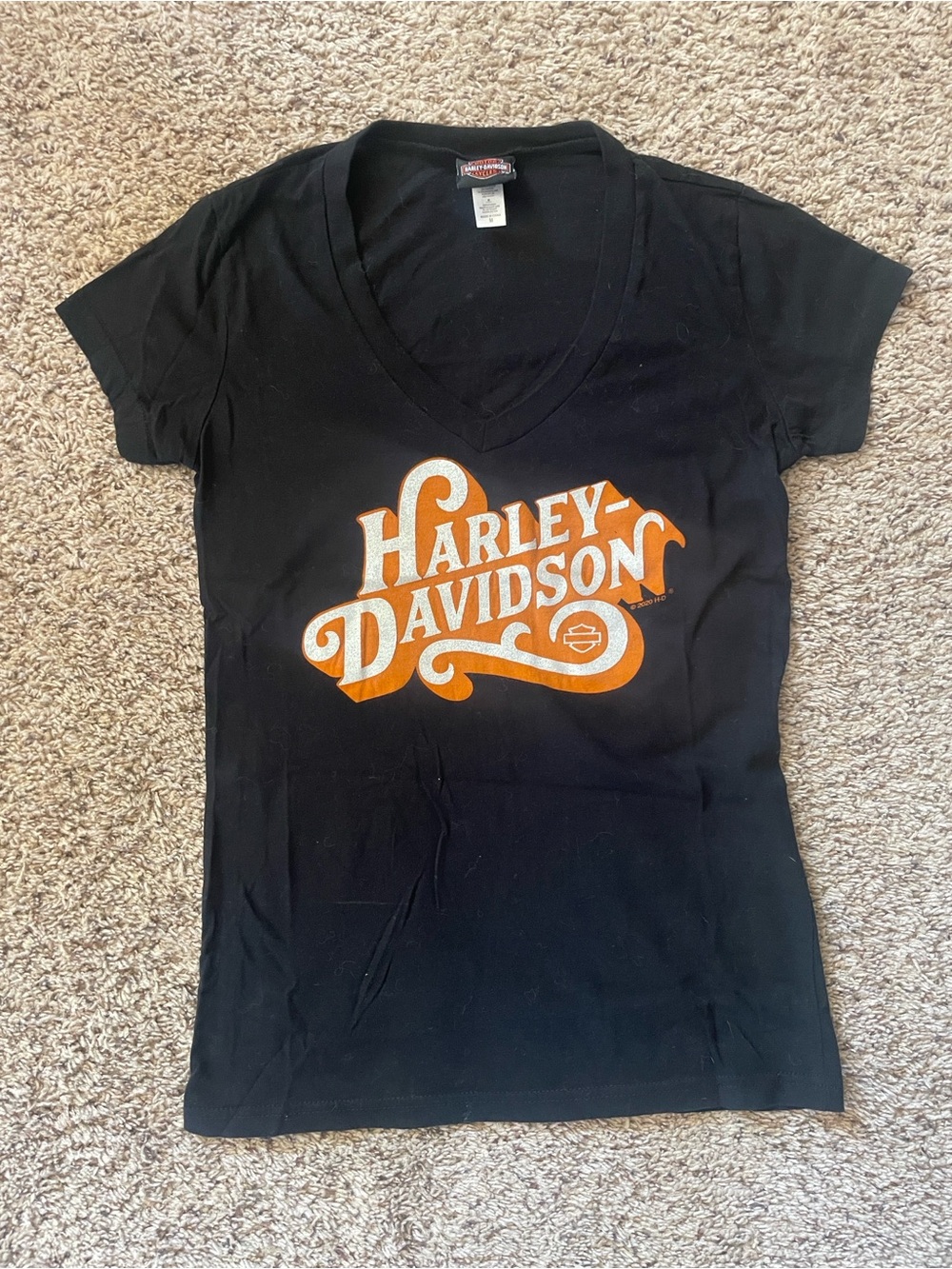 Black Hills Harley-Davidson Black V-Neck Tee with Orange and White Script